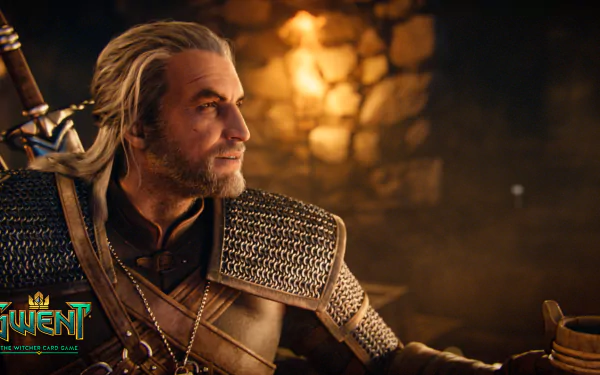 HD PC desktop wallpaper of Geralt of Rivia from the video game Gwent: The Witcher Card Game, featuring detailed armor and moody lighting against a stone wall backdrop.