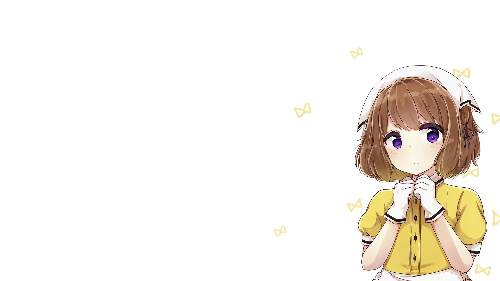 HD PC desktop wallpaper featuring Mafuyu Hoshikawa from the anime Blend S, showcasing her in a yellow outfit with a white headband on a white background.