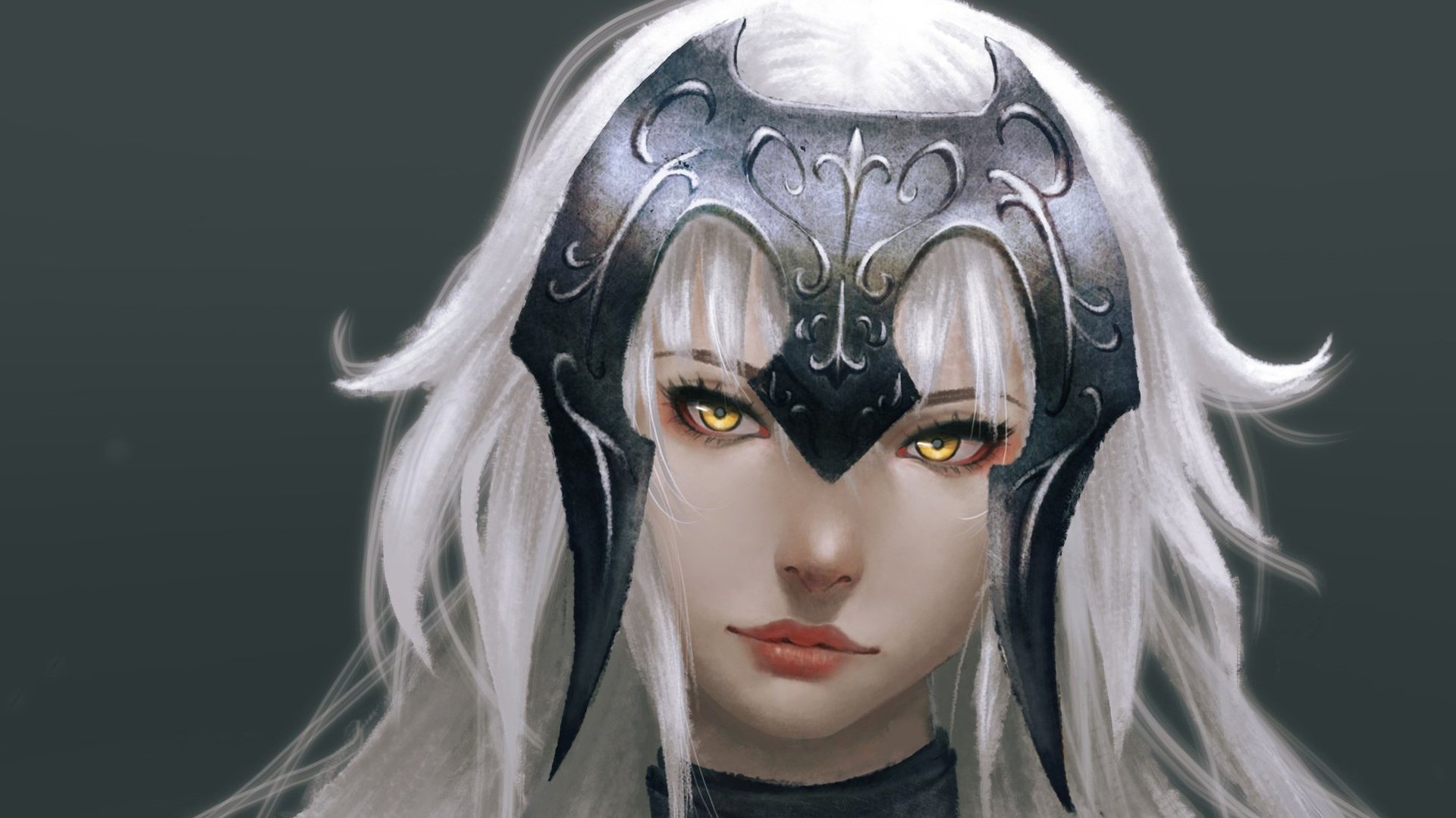HD PC wallpaper featuring Avenger Jeanne d'Arc from the Fate/Grand Order anime series, showcasing her striking silver hair and intense golden eyes.