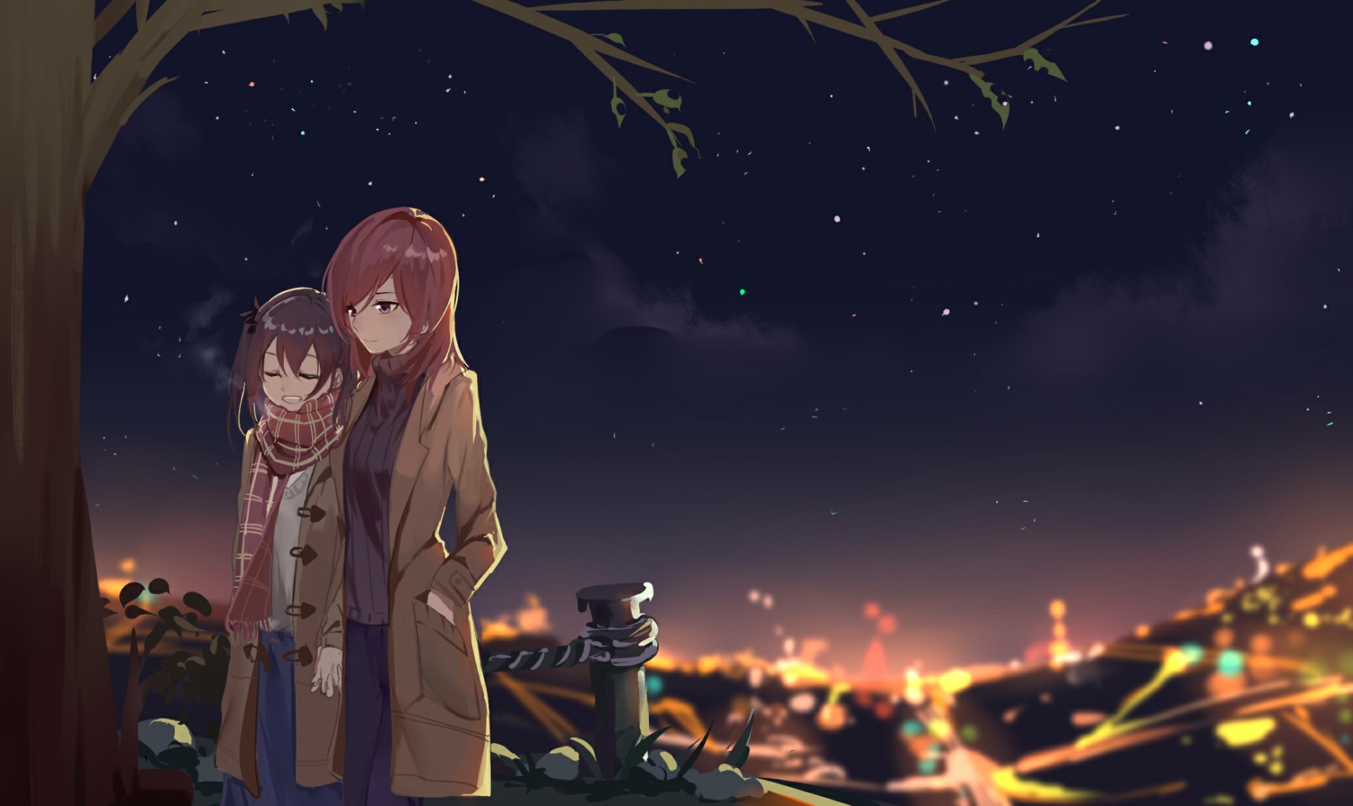 HD wallpaper of Love Live! characters Nico Yazawa and Maki Nishikino standing under a tree at night, city lights glowing behind them.