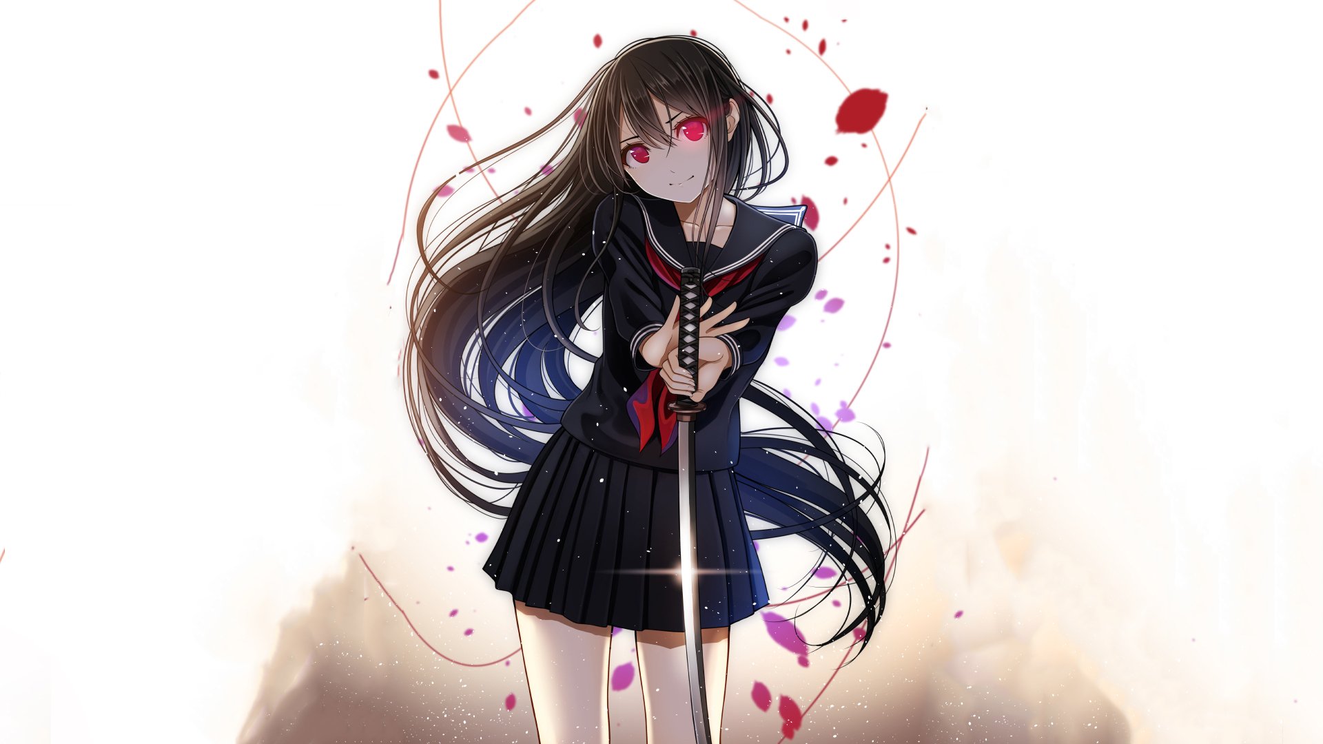 HD desktop wallpaper and background featuring an original anime character with long black and blue hair, red eyes, wearing a black school uniform, and holding a sword, with a soft, artistic aura around her.