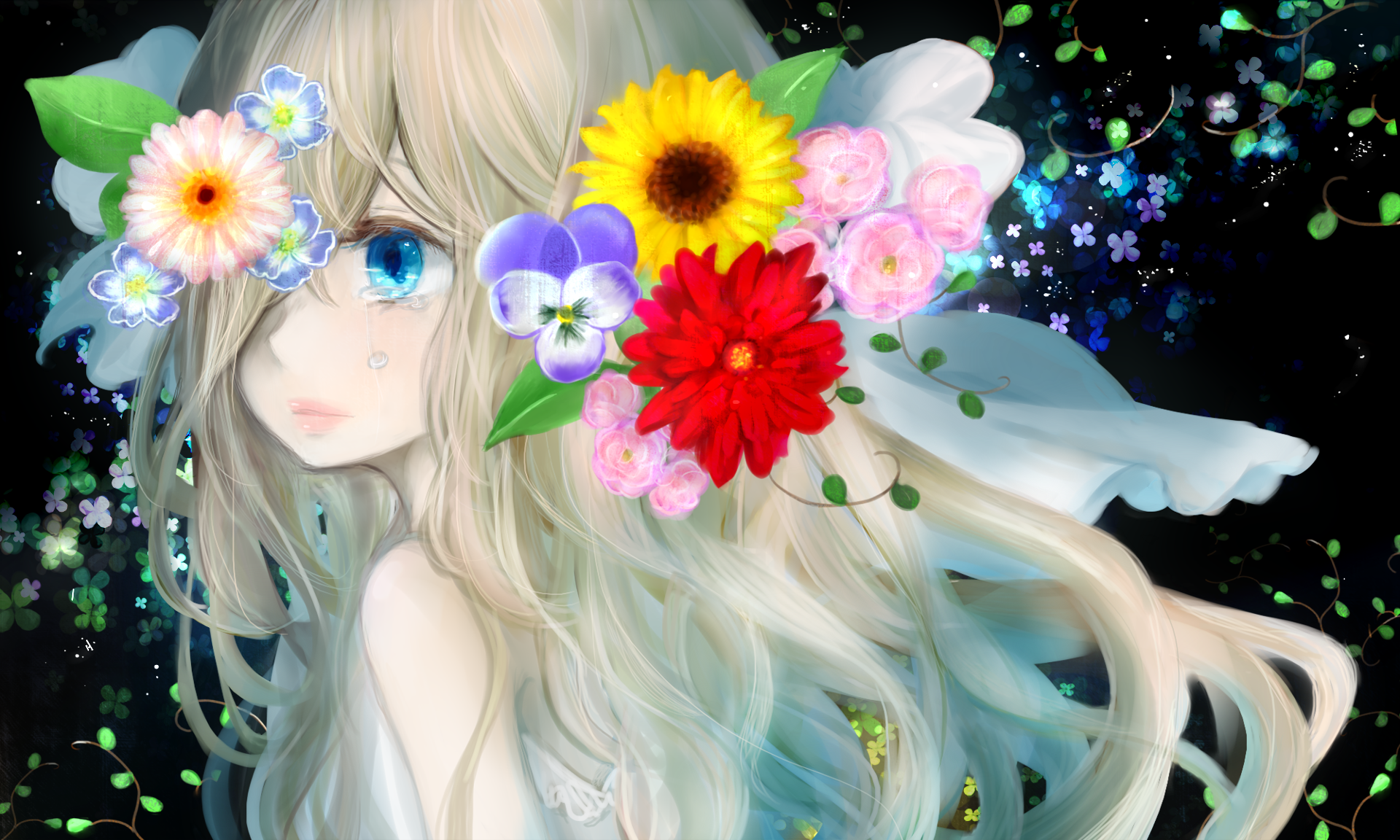 An HD wallpaper of an anime girl with blonde hair and blue eyes adorned with a colorful array of flowers against a vibrant background.