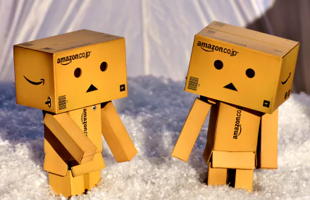 Two Danbo figures made from Amazon.co.jp boxes stand on a snowy surface, captured in a detailed 4K Ultra HD PC desktop wallpaper with soft lighting effects.