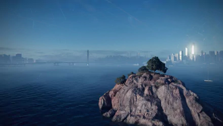 HD PC desktop wallpaper featuring a serene San Francisco waterfront scene from the video game Watch Dogs 2, showcasing the city's skyline and the Golden Gate Bridge in the distance.