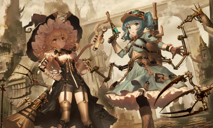 Steampunk and cyberpunk-themed HD wallpaper featuring Nitori Kawashiro and Marisa Kirisame from Touhou, depicted in an intricate anime style amidst a detailed, fantastical background.