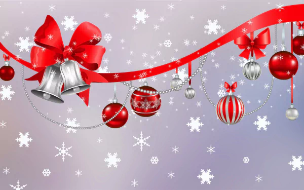 HD desktop wallpaper featuring silver bells, red Christmas ornaments, beads, and a festive ribbon against a snowy background with snowflakes.