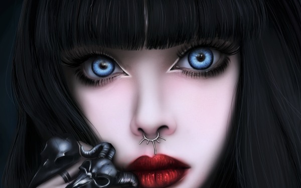 Fantasy Women Gothic Blue Eyes Face Black Hair HD Wallpaper | Background Image