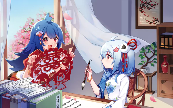 Anime-themed HD PC desktop wallpaper featuring two characters in a bright room with cherry blossoms, vibrant colors, and detailed Bili Bili Douga style artwork.