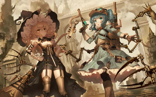 Steampunk and cyberpunk-themed HD wallpaper featuring Nitori Kawashiro and Marisa Kirisame from Touhou, depicted in an intricate anime style amidst a detailed, fantastical background.