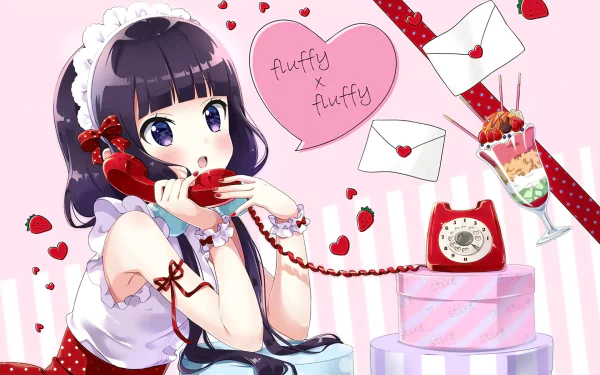 HD PC wallpaper of Maika Sakuranomiya from Blend S anime, featuring her in a maid outfit with strawberries, a retro phone, and love letters in a pink-themed setting.