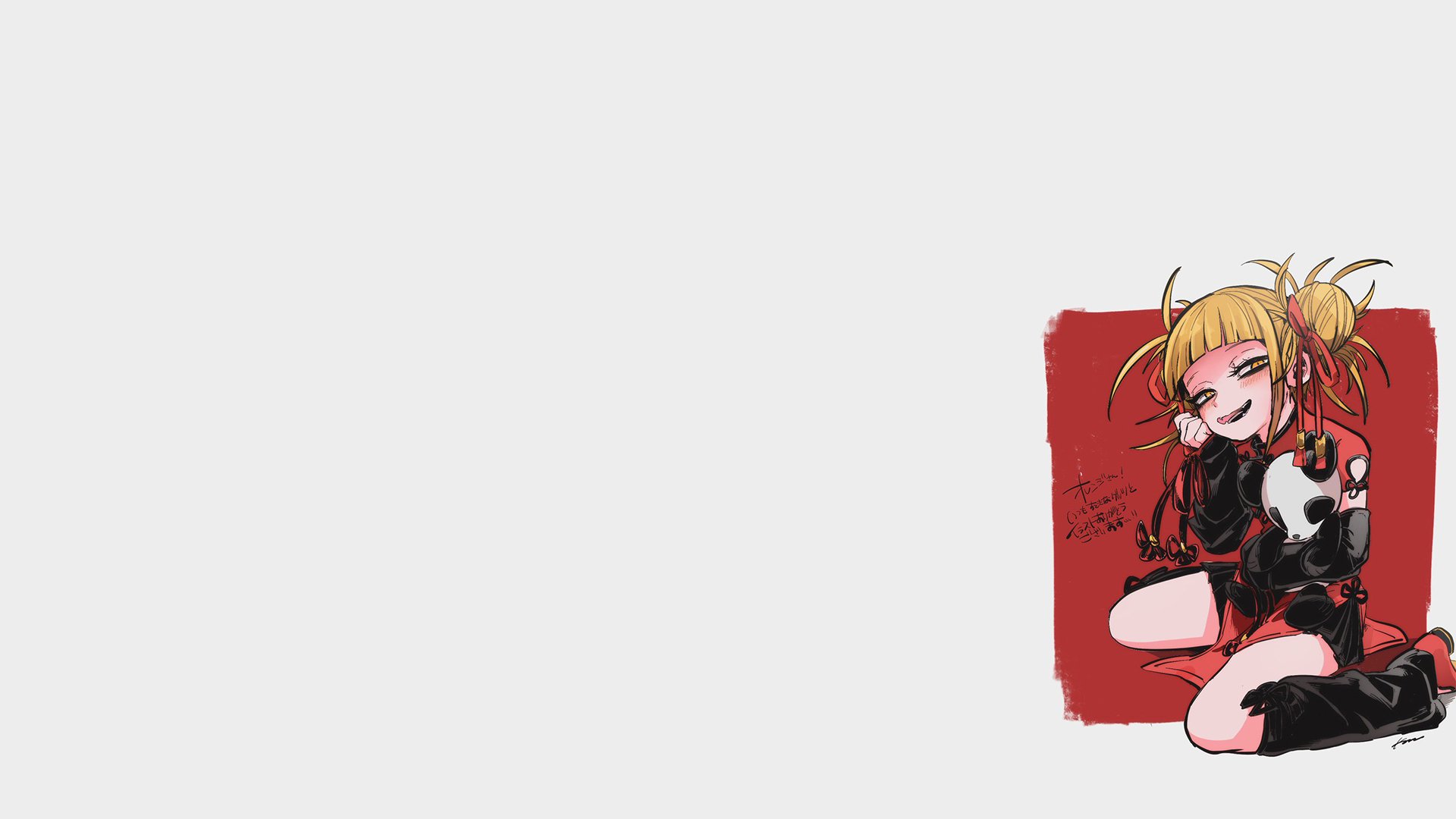 HD anime desktop wallpaper featuring Himiko Toga from My Hero Academia, showcasing her playful yet sinister expression on a red background.