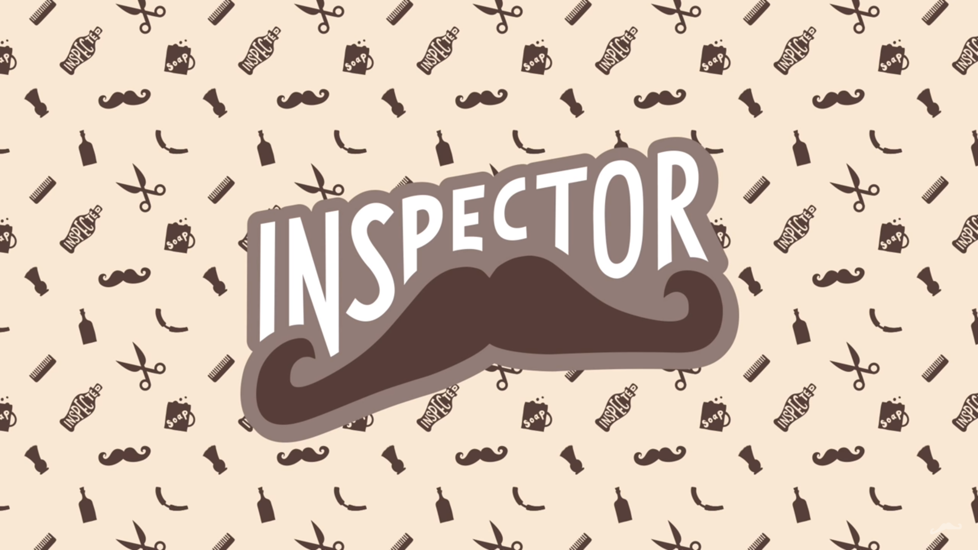 Vintage-style HD PC desktop wallpaper featuring a large mustache graphic with Inspector text, surrounded by retro icons like scissors, combs, and music elements linked to InspectorDubplate.