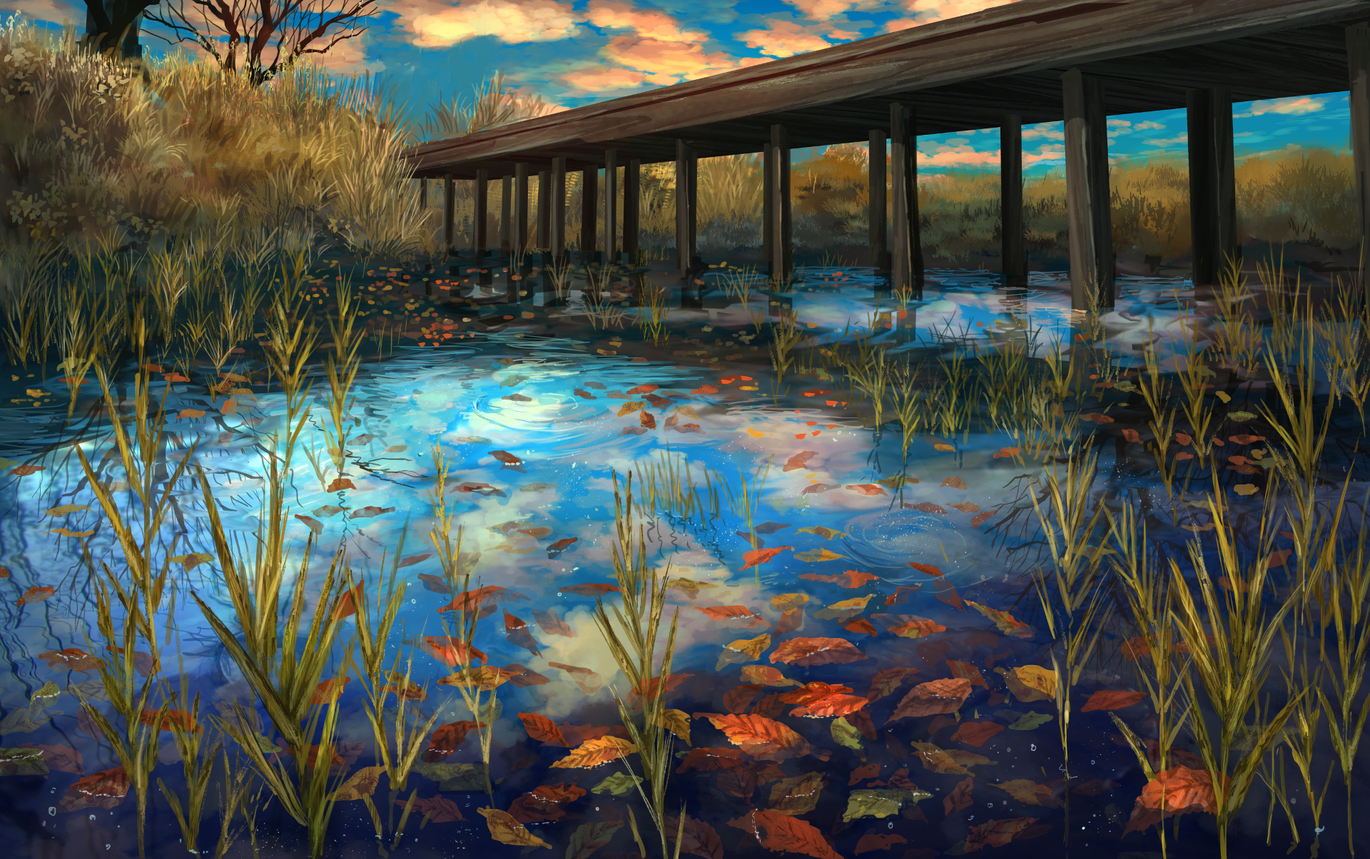 HD anime desktop wallpaper featuring an original artwork with a serene scene of a wooden bridge over a calm, reflective body of water, surrounded by tall grass and autumn leaves.