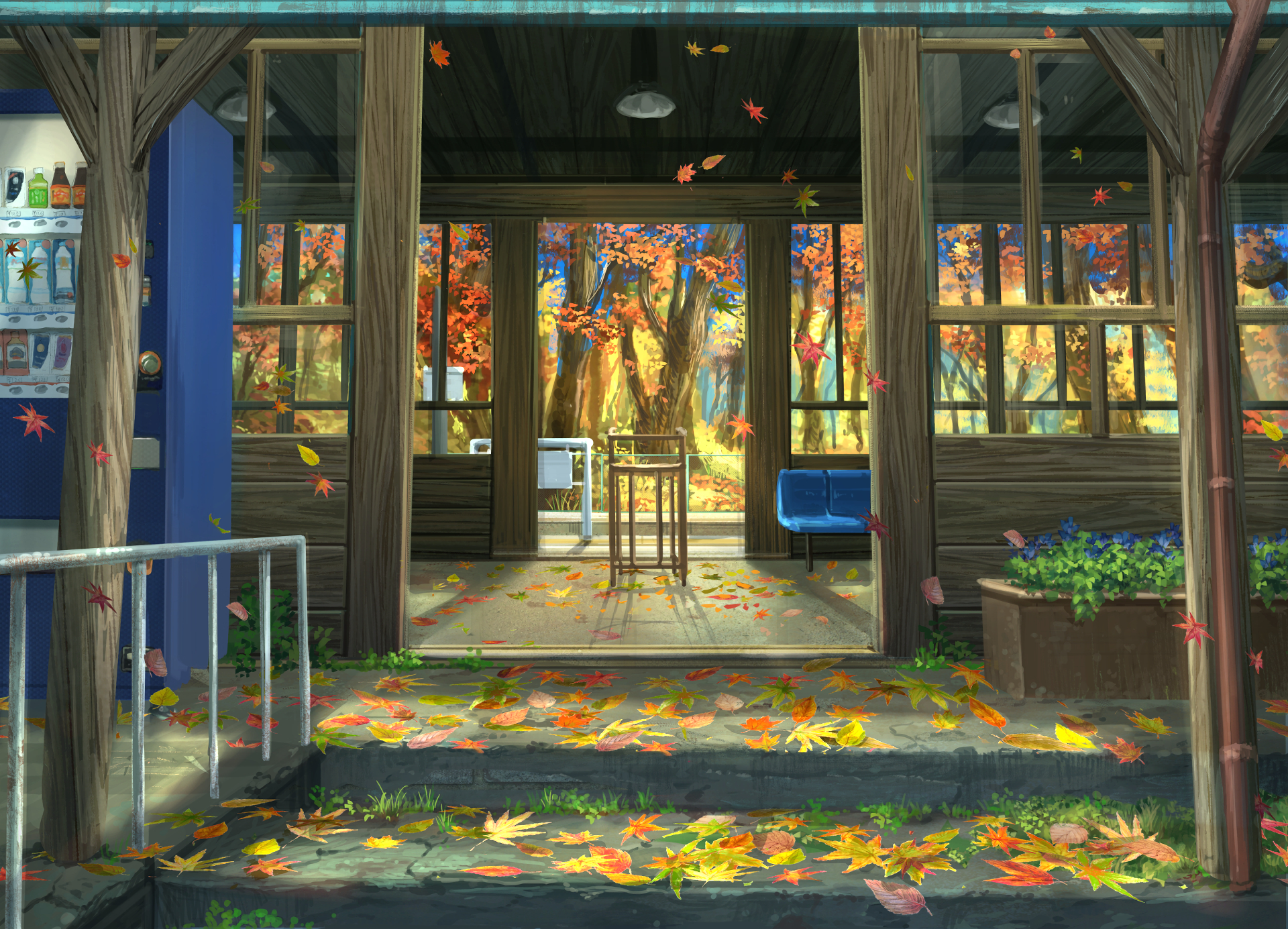An original HD anime wallpaper depicting a serene autumn scene with colorful falling leaves and a rustic wooden cabin. The background features vibrant foliage and a tranquil setting.