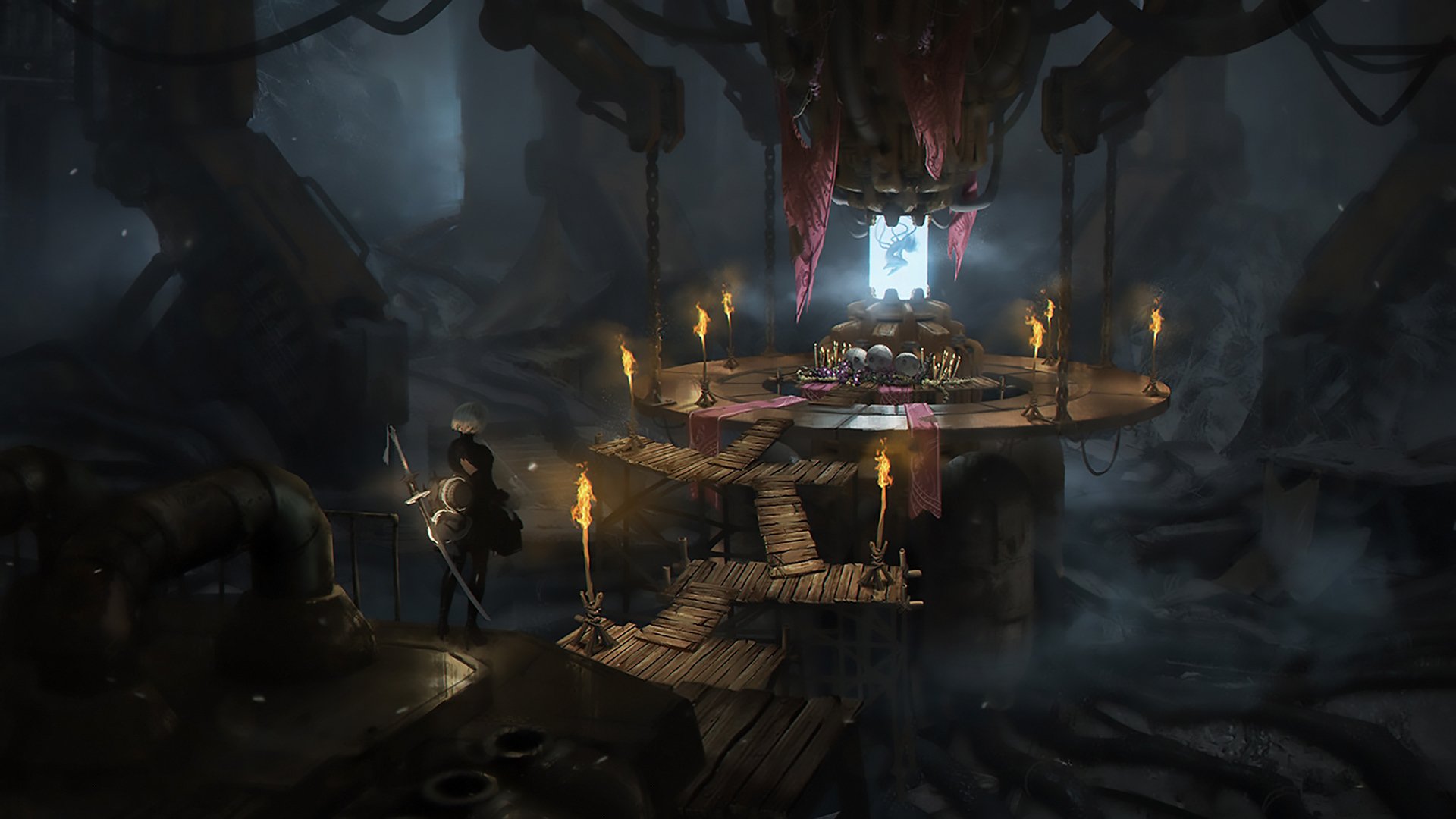 HD desktop wallpaper of YoRHa No.2 Type B from NieR: Automata in a dark, atmospheric industrial environment with wooden walkways, mechanical structures, and a glowing central platform.