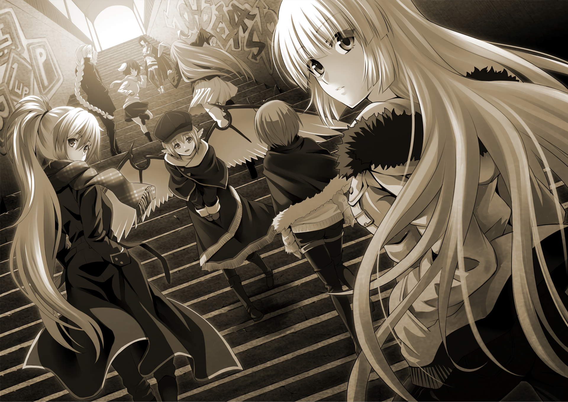 Sepia-toned HD PC desktop Touhou wallpaper showing Eirin, Wriggle Nightbug, Reisen, Mystia, Keine, Tewi, Kaguya Houraisan and Fujiwara no Mokou gathered on stone steps.