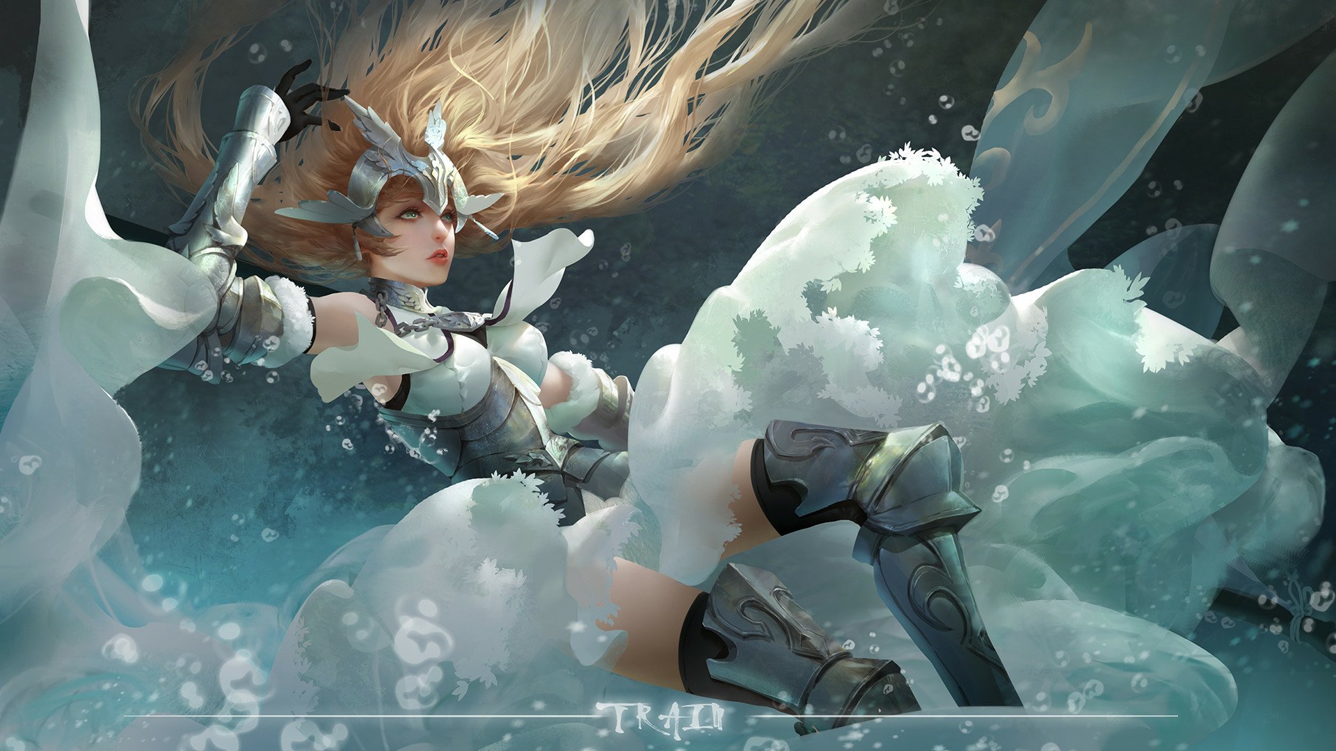 Anime-style HD wallpaper of Jeanne d'Arc from Fate/Grand Order, featuring long blonde hair, green eyes, and detailed armor in a dynamic, watery scene.