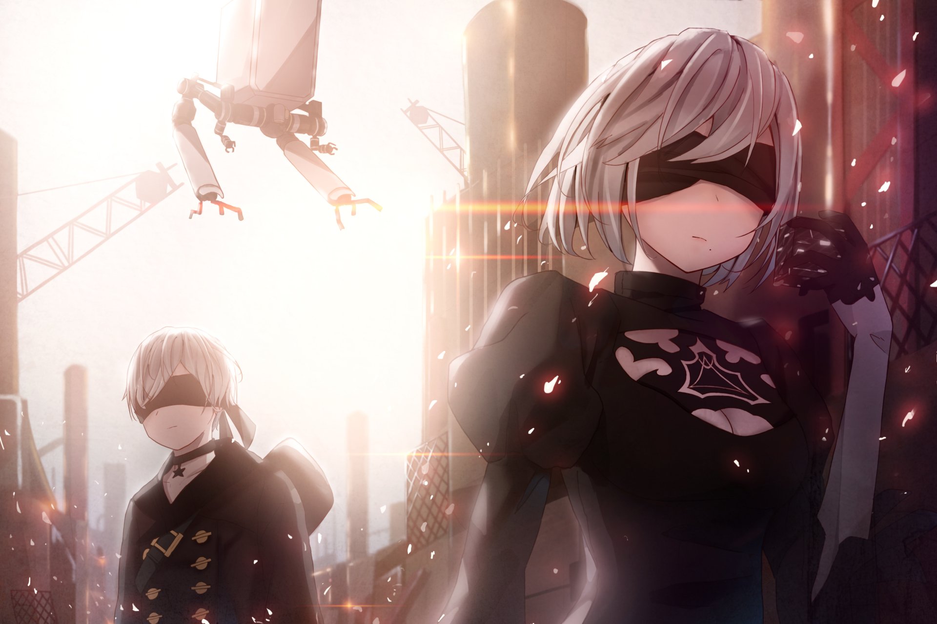 HD desktop wallpaper featuring YoRHa No.9 Type S and YoRHa No.2 Type B from the video game NieR: Automata, set against a futuristic cityscape.