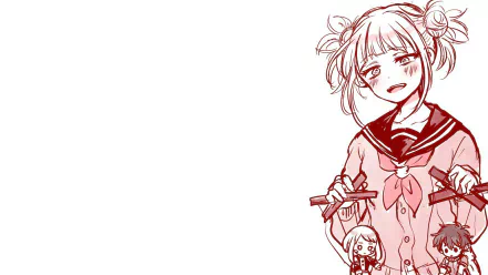 Anime-style HD PC desktop wallpaper featuring Himiko Toga from My Hero Academia, drawn in a red sketch with the character holding two small dolls against a white background.