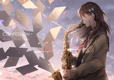 Anime-style HD desktop wallpaper featuring an original character playing a saxophone amid floating envelopes in a softly lit, dreamy atmosphere.
