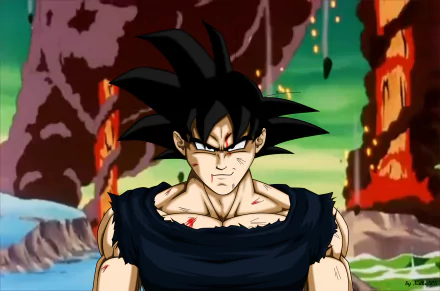 HD PC desktop wallpaper featuring Goku from the anime Dragon Ball Z, showcasing his intense expression against a vibrant, rocky landscape background.