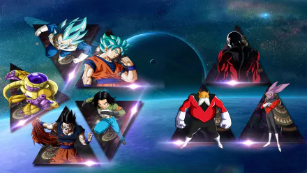 HD Dragon Ball Super PC wallpaper featuring key characters including Goku, Vegeta, Frieza, Dyspo, Android 17, Toppo, Jiren, and Gohan against a cosmic background.