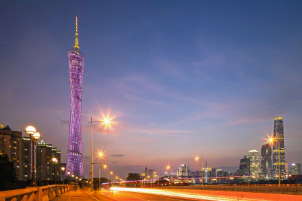 HD wallpaper of Guangzhou featuring the illuminated Canton Tower at dusk, China.
