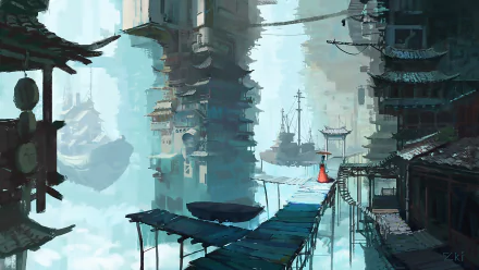 A stunning anime-style original HD wallpaper depicting a surreal landscape with towering structures, serene waterways, and a figure in a flowing red garment navigating a wooden path.