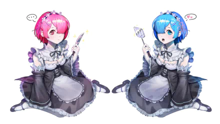 Ram (pink) and Rem (blue) from Re:Zero, anime twin maids seated, holding utensils with playful expressions on a white background — HD PC desktop wallpaper/background.