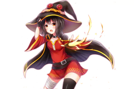 HD PC desktop wallpaper featuring Megumin from the anime KonoSuba - God’s blessing on this wonderful world!! in her signature red outfit and magical pose.