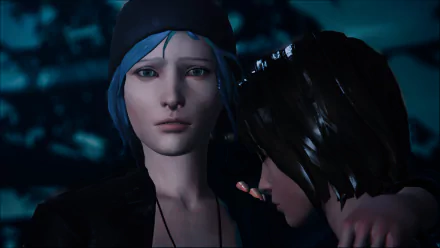 HD wallpaper featuring Max Caulfield with blue hair and blue eyes, sharing a close moment with her friend Chloe Price from the video game Life Is Strange.
