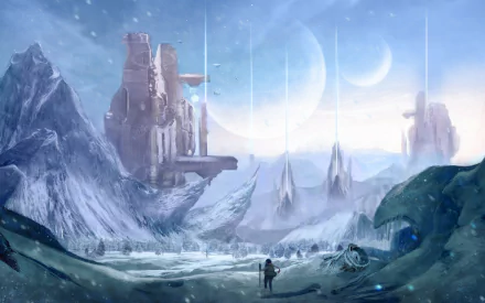 A stunning HD fantasy landscape featuring towering icy mountains, futuristic towers, and celestial moons, designed as a PC desktop wallpaper and background.