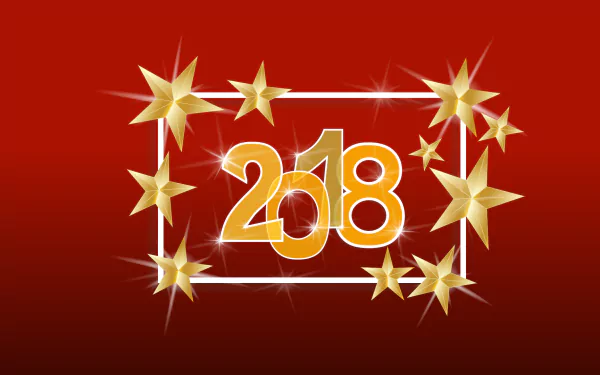 A vibrant red background featuring golden stars, framing the bold numbers 2018, celebrates the New Year and holiday spirit in this HD desktop wallpaper.