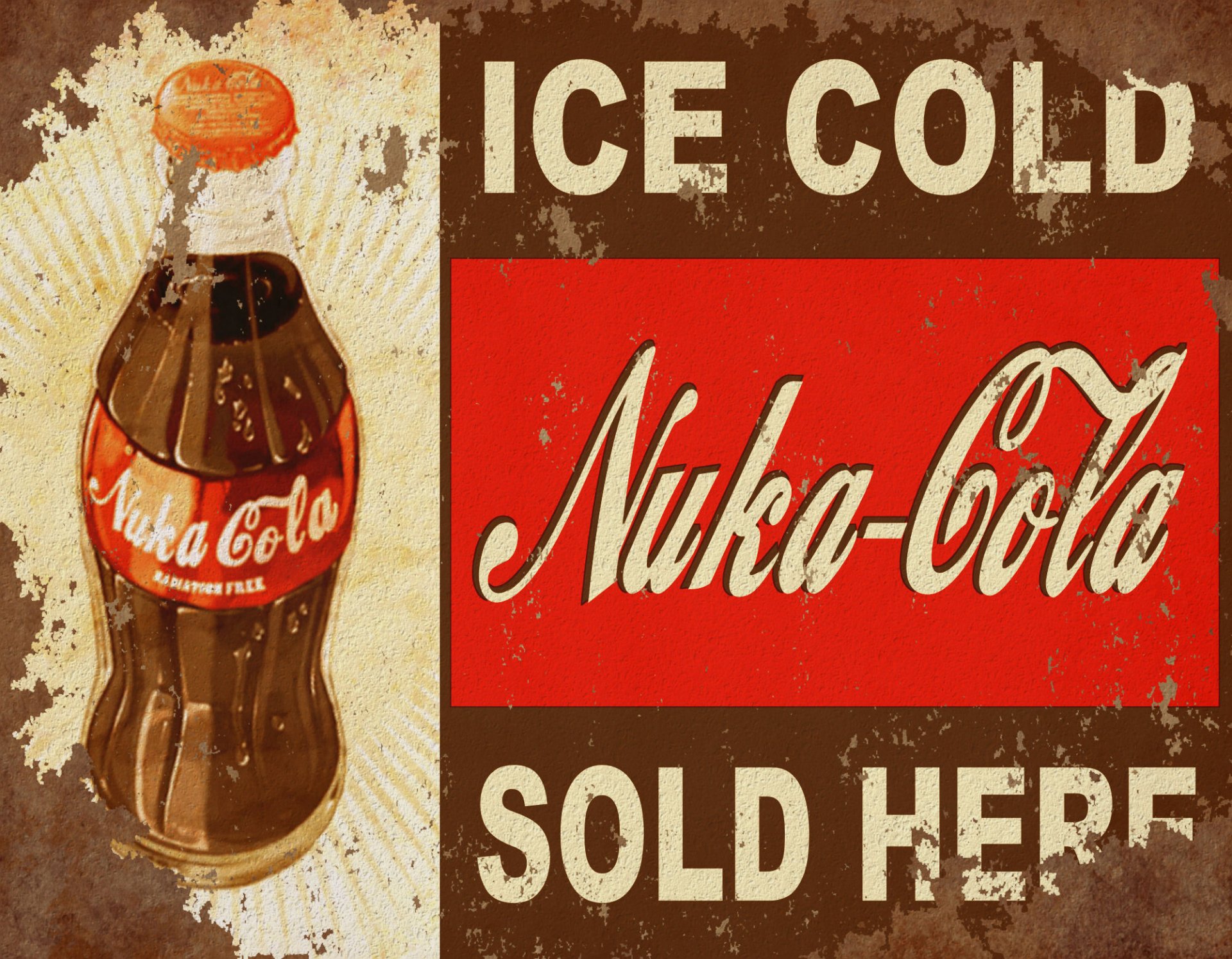 HD desktop wallpaper featuring a vintage poster with Nuka-Cola from the Fallout video game series. The design includes an image of a Nuka-Cola bottle and text reading Ice Cold Nuka-Cola Sold Here.