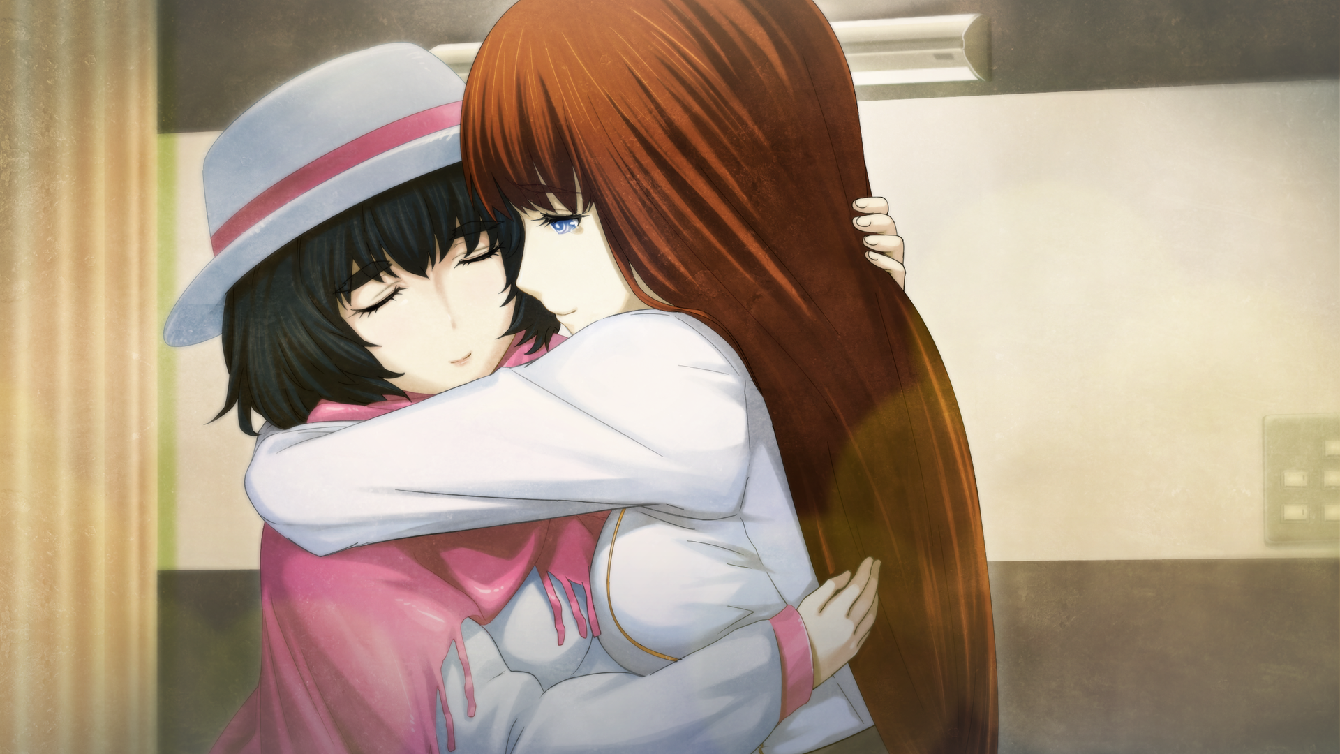 HD PC wallpaper of Kagari Shiina and Mayuri Shiina (Steins;Gate) sharing a tender hug, soft lighting and warm, gentle expressions.