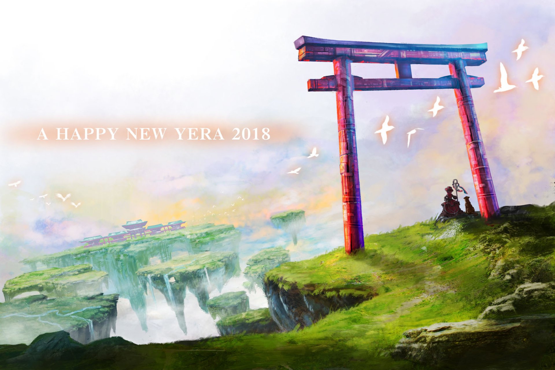 Anime original HD PC desktop wallpaper: grassy floating island with a red torii gate, lone figure and birds overlooking distant floating city; text A HAPPY NEW YEAR 2018.