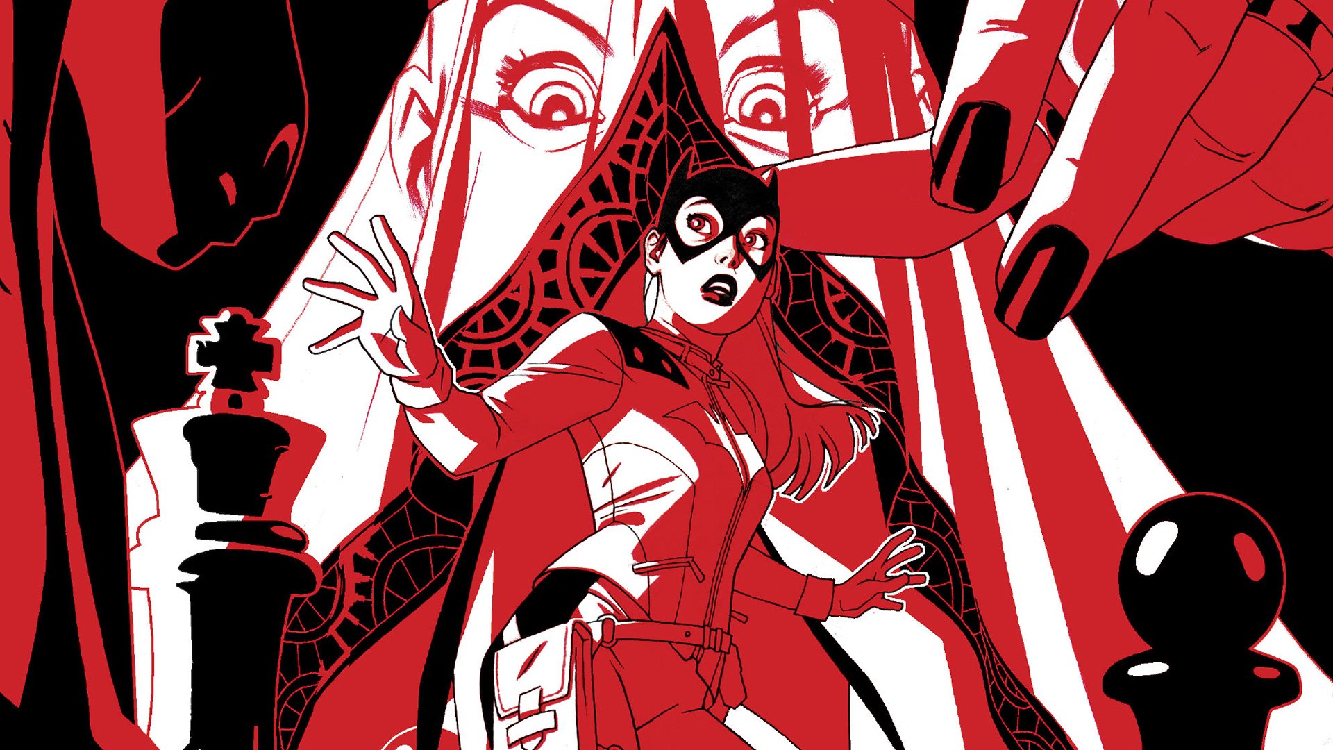 HD PC desktop wallpaper and background: high-contrast red, black and white comic image of Batgirl in costume, startled as giant hands, a looming face and chess pieces encircle her.
