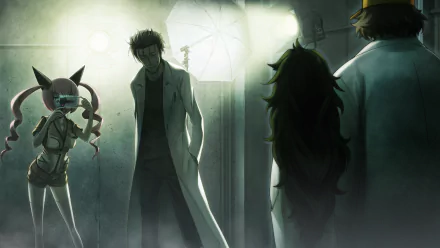 HD PC desktop wallpaper featuring Rintaro Okabe, Maho Hiyajo, Itaru Hashida, and Faris Nyannyan from the anime Steins;Gate in a dimly lit, mysterious setting.