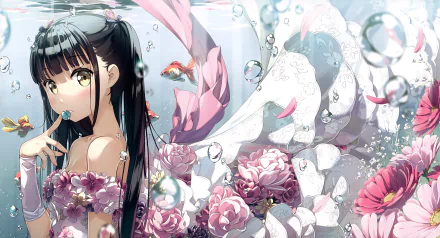 HD anime-style original artwork features a girl with dark hair surrounded by pink flowers, bubbles, and fish, designed as a vibrant PC desktop wallpaper and background.