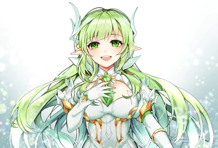 HD PC desktop wallpaper featuring Rena from the video game Elsword, showcasing her with vibrant green hair and detailed fantasy armor against a soft, glowing background.