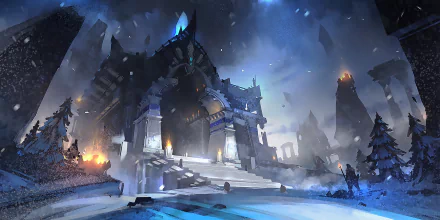 HD fantasy desktop wallpaper showing a grand, dark fortress-like building surrounded by snowy terrain and glowing blue and orange lights under a moody sky.