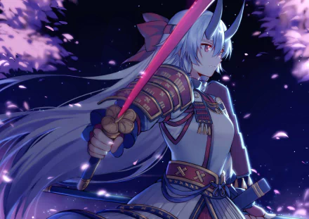 HD desktop wallpaper featuring Tomoe Gozen from Fate/Grand Order anime, set against a night sky with cherry blossoms, wielding a glowing pink katana.
