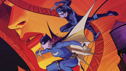 Comic-style HD PC wallpaper of Nightwing (Dick Grayson) and Batgirl (Barbara Gordon) leaping through a red-orange stylized cityscape in a dynamic action pose.