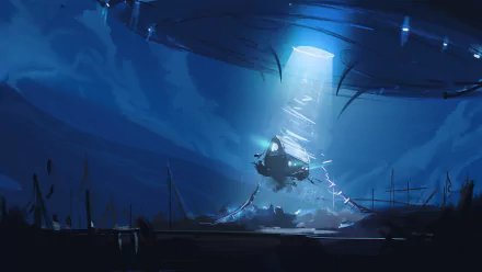 HD wallpaper depicting a UFO abducting a barn at night with a mystical blue light and eerie ambiance, set in a Sci-Fi themed landscape.