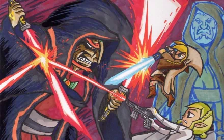 HD PC wallpaper featuring a dynamic crossover battle with Princess Zelda, Daphnes Nohansen Hyrule, Ganondorf, and Link wielding lightsabers in The Legend of Zelda: The Wind Waker style.