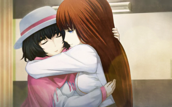 HD PC wallpaper of Kagari Shiina and Mayuri Shiina (Steins;Gate) sharing a tender hug, soft lighting and warm, gentle expressions.