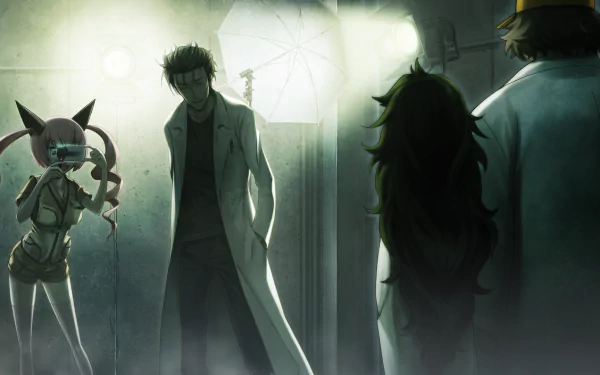 HD PC desktop wallpaper featuring Rintaro Okabe, Maho Hiyajo, Itaru Hashida, and Faris Nyannyan from the anime Steins;Gate in a dimly lit, mysterious setting.