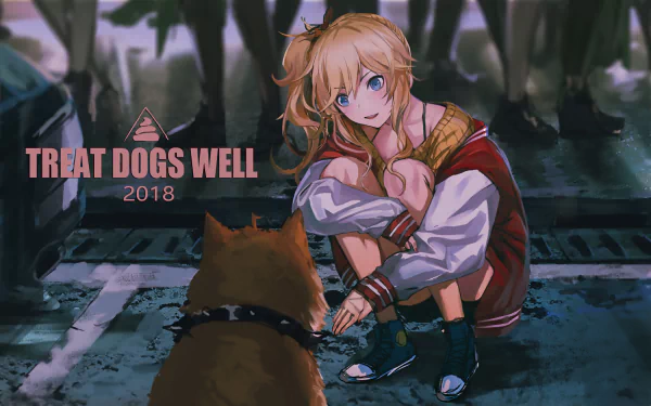 Anime-style HD desktop wallpaper featuring Yui Ohtsuki from The iDOLM@STER Cinderella Girls kneeling and interacting with a dog under the text TREAT DOGS WELL 2018.