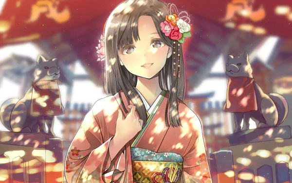 HD anime-style desktop wallpaper featuring a girl in traditional Japanese clothes adorned with ribbons, standing with two fox statues in a vibrant setting.