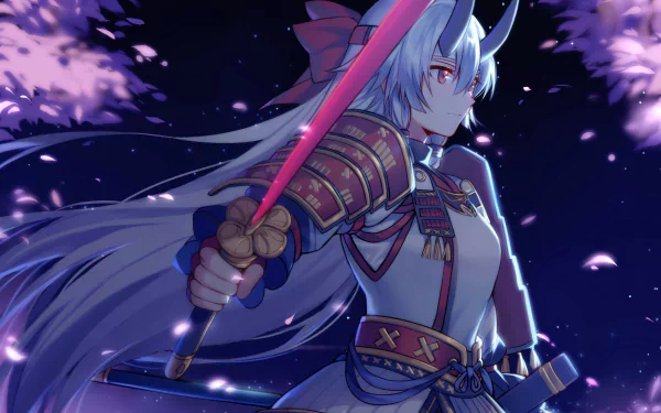 HD desktop wallpaper featuring Tomoe Gozen from Fate/Grand Order anime, set against a night sky with cherry blossoms, wielding a glowing pink katana.
